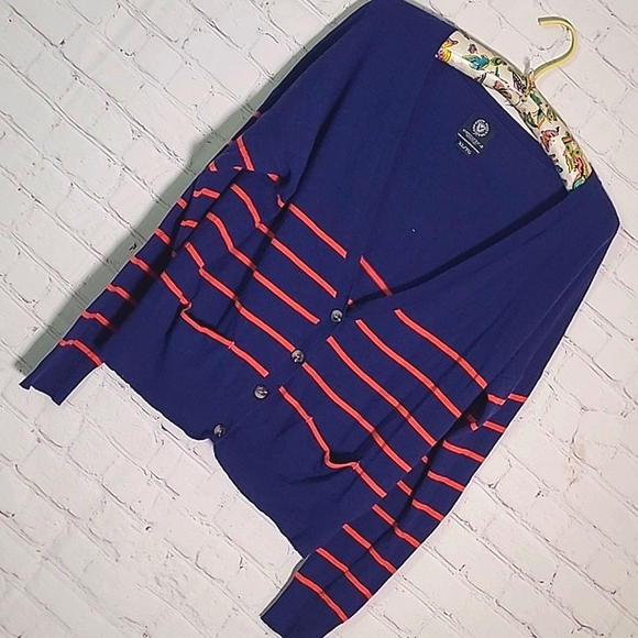 American Eagle Outfitters Navy Blue Orange Stripe Wool Rabbit Hair Blend Sweater - Picture 2 of 15